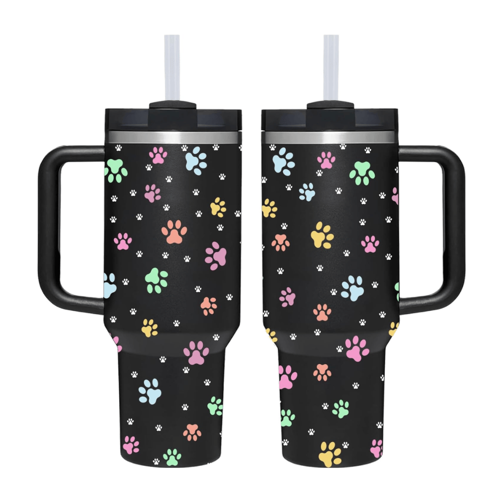 Black Paw Print 40oz Tumbler with Handle | Gift for Dog & Cat Lovers