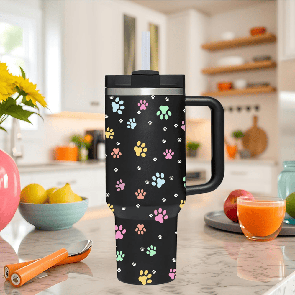 Black Paw Print 40oz Tumbler with Handle | Gift for Dog & Cat Lovers
