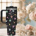 Black Paw Print 40oz Tumbler with Handle | Gift for Dog & Cat Lovers