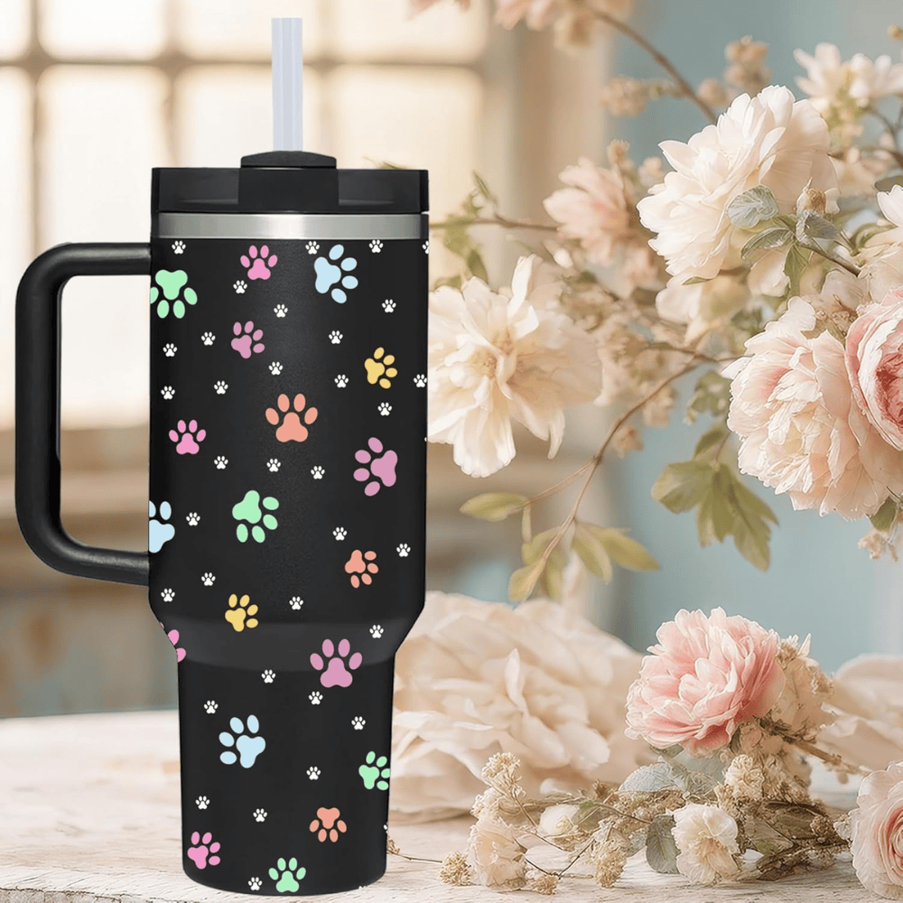 Black Paw Print 40oz Tumbler with Handle | Gift for Dog & Cat Lovers