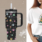Black Paw Print 40oz Tumbler with Handle | Gift for Dog & Cat Lovers