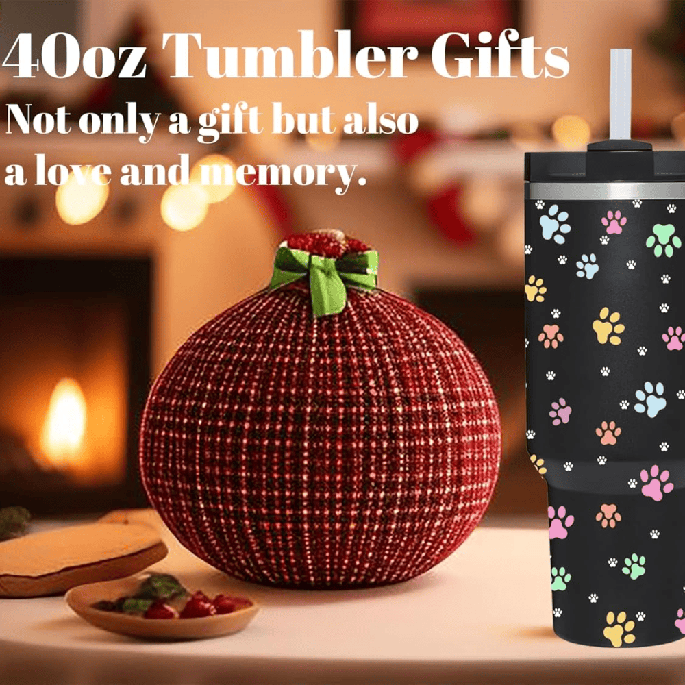 Black Paw Print 40oz Tumbler with Handle | Gift for Dog & Cat Lovers