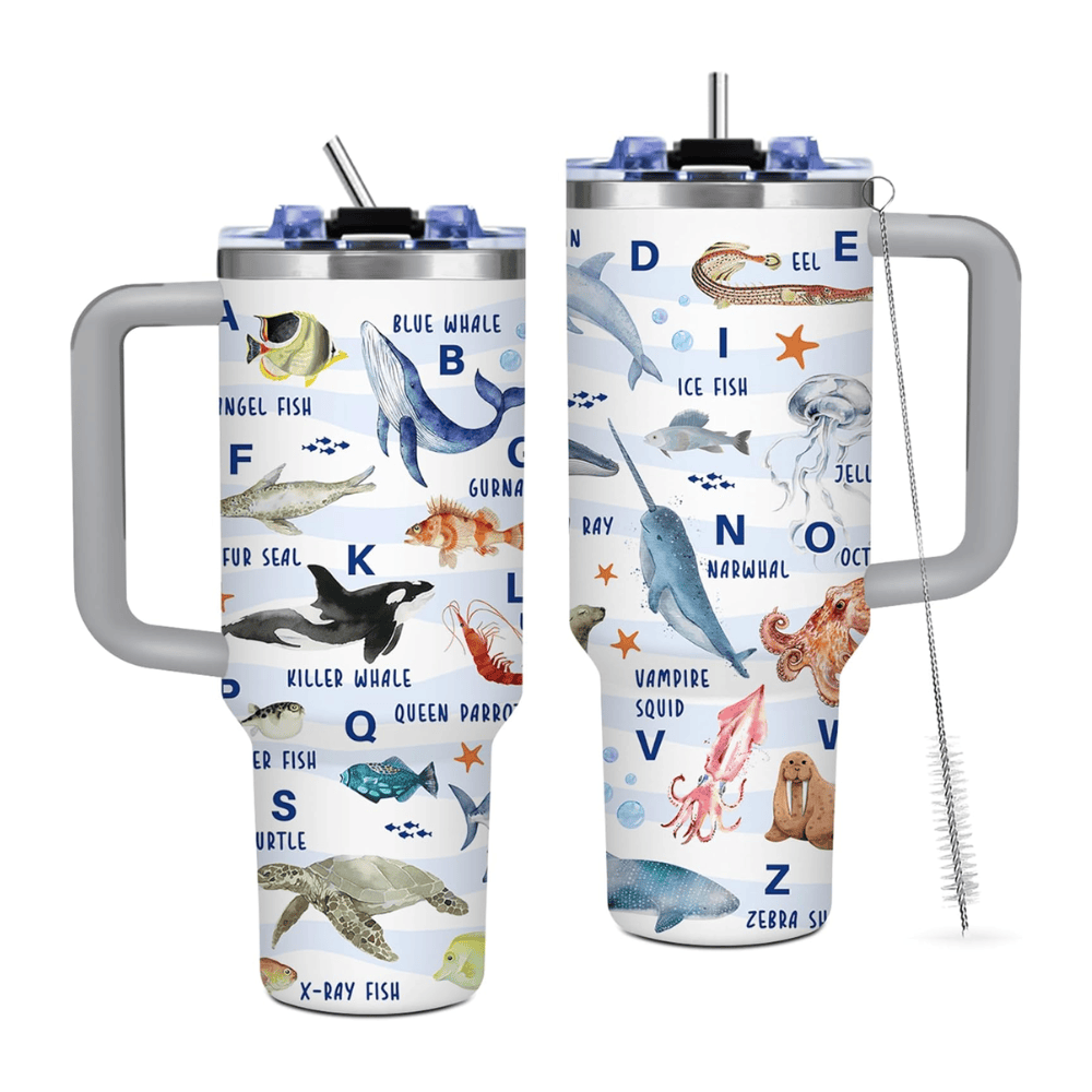 Ocean Life 40oz Tumbler with Handle | Sea Animal Lover Travel Mug