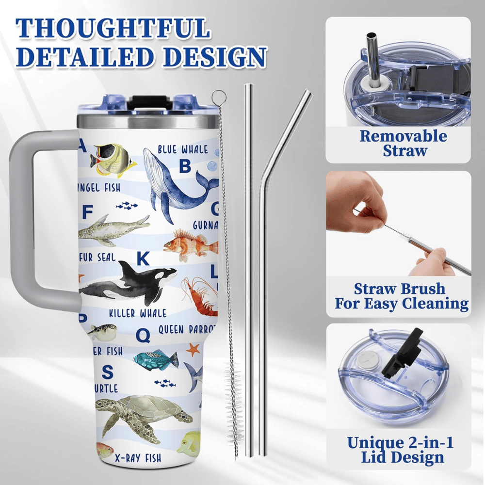 Ocean Life 40oz Tumbler with Handle | Sea Animal Lover Travel Mug