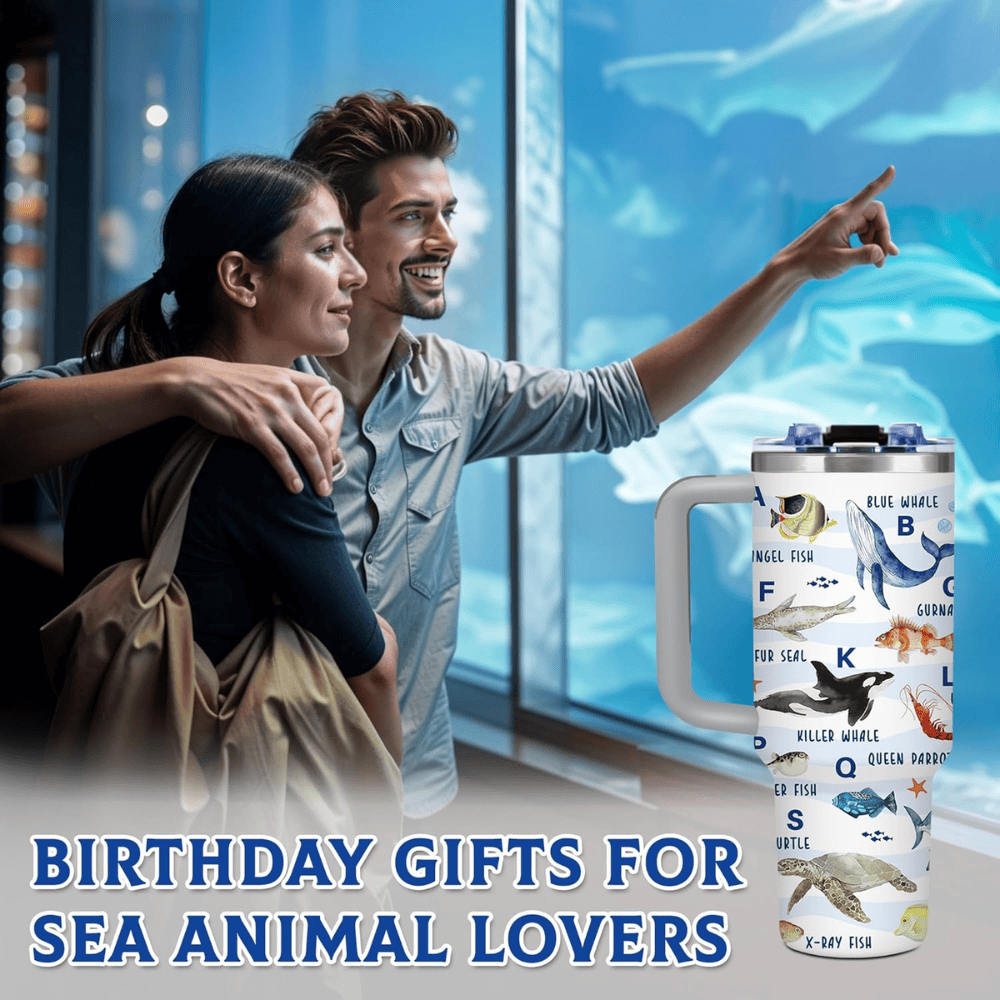 Ocean Life 40oz Tumbler with Handle | Sea Animal Lover Travel Mug