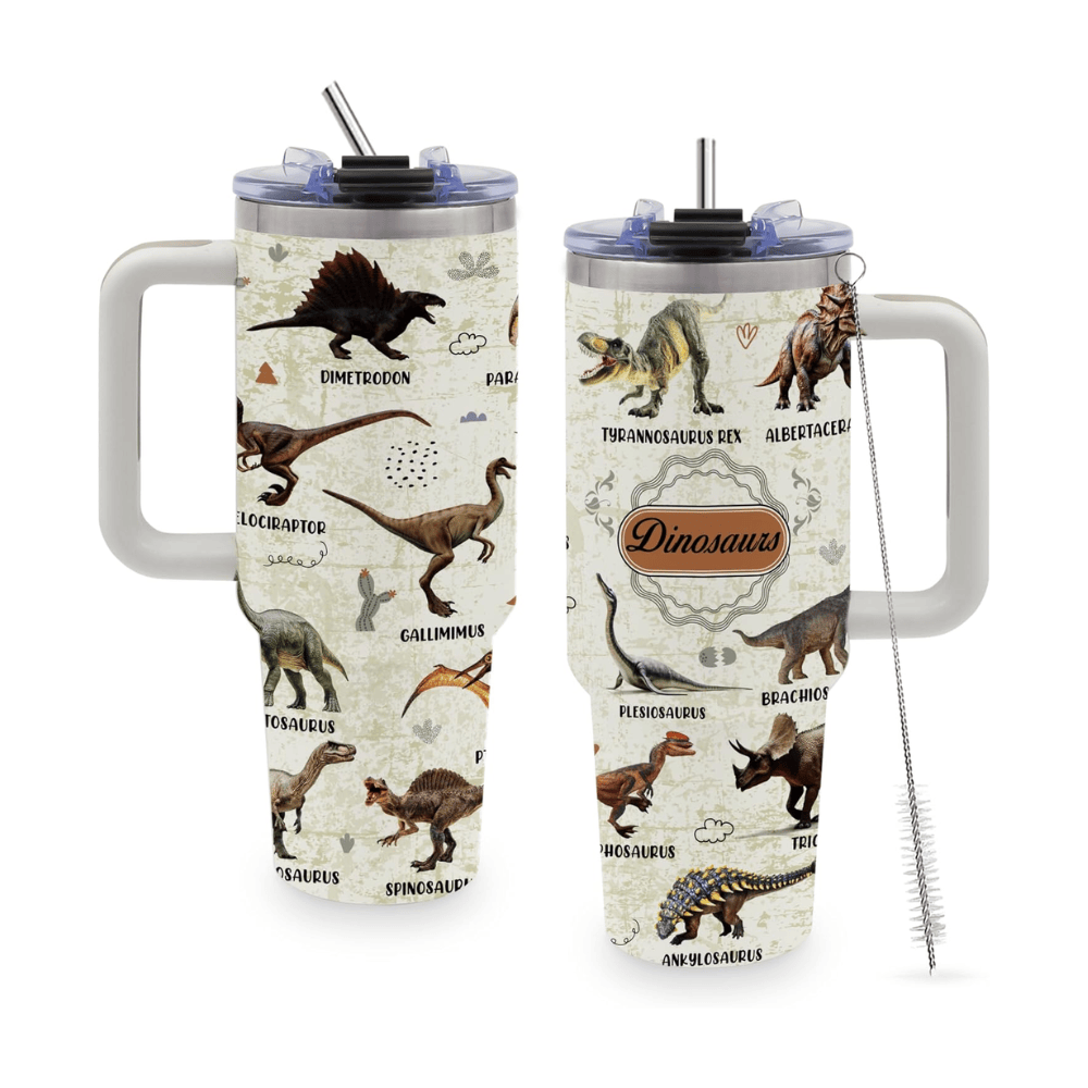 Jurassic Adventure 40oz Dinosaur Tumbler with Handle | White Stainless Steel Travel Mug