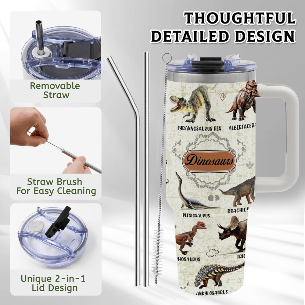 Jurassic Adventure 40oz Dinosaur Tumbler with Handle | White Stainless Steel Travel Mug