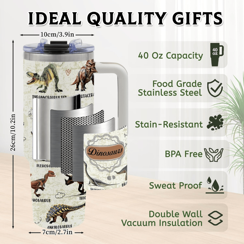 Jurassic Adventure 40oz Dinosaur Tumbler with Handle | White Stainless Steel Travel Mug