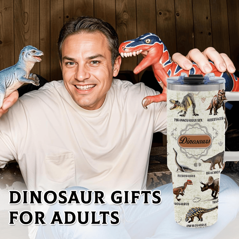 Jurassic Adventure 40oz Dinosaur Tumbler with Handle | White Stainless Steel Travel Mug