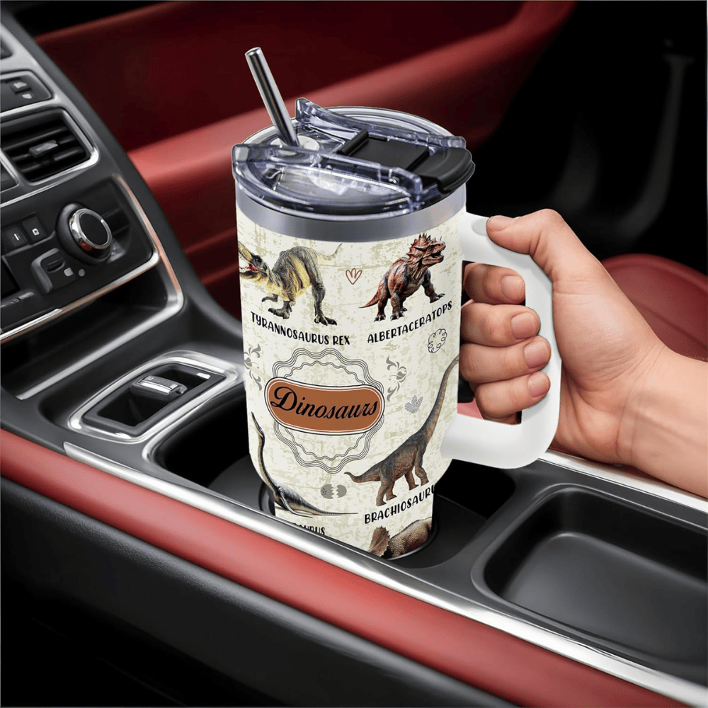 Jurassic Adventure 40oz Dinosaur Tumbler with Handle | White Stainless Steel Travel Mug