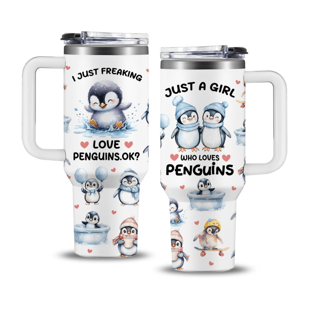 "Just a Girl Who Loves Penguins" 40oz Tumbler with Handle | Penguin Lover Travel Mug