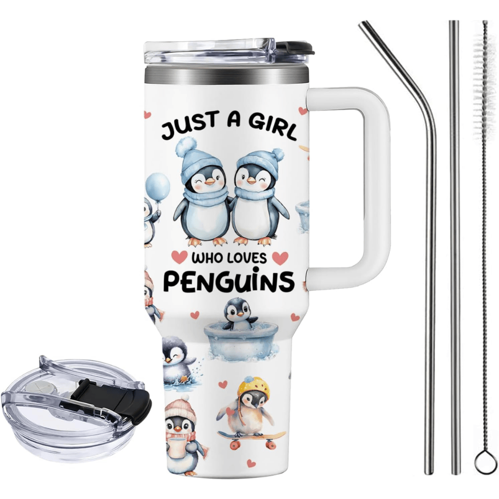 "Just a Girl Who Loves Penguins" 40oz Tumbler with Handle | Penguin Lover Travel Mug