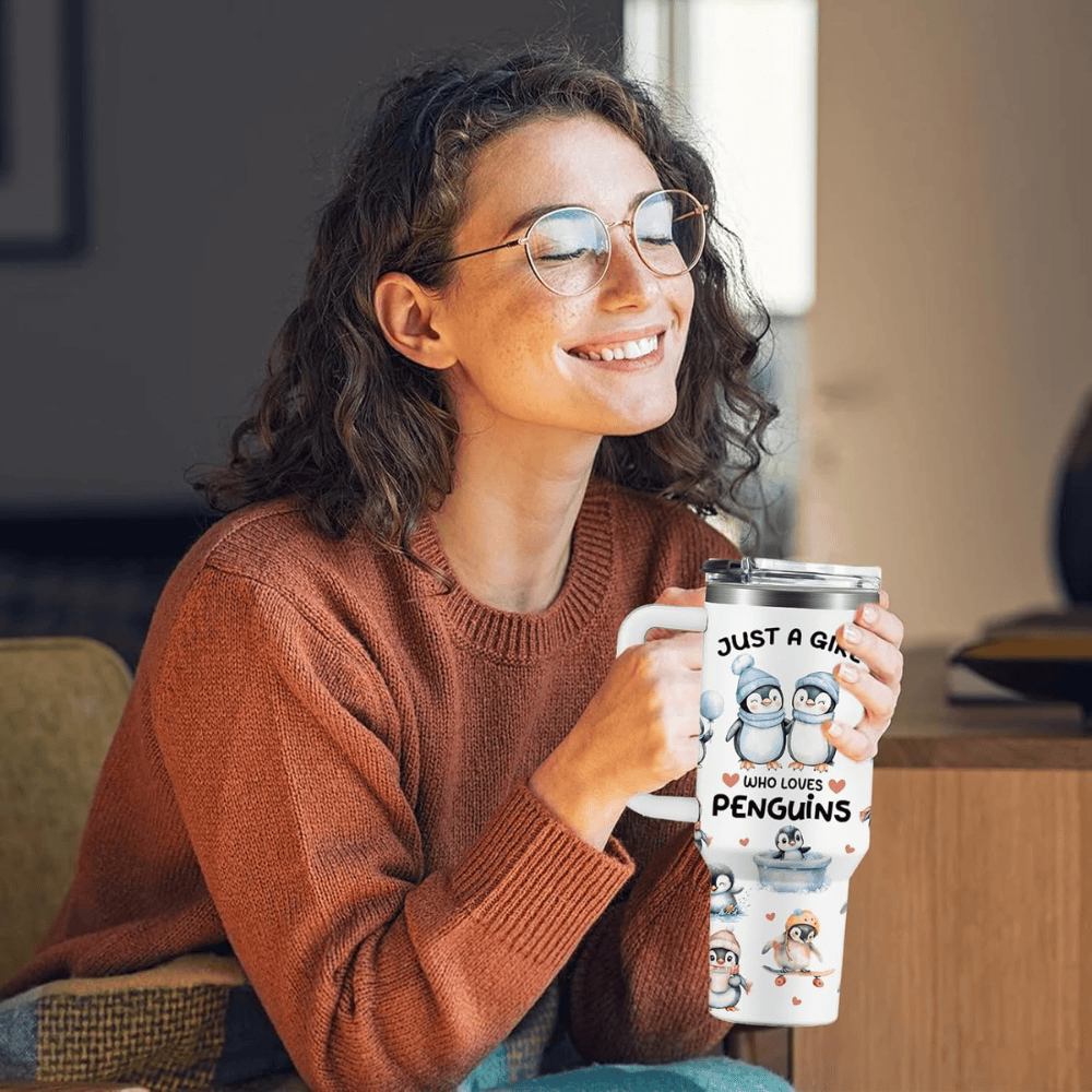 "Just a Girl Who Loves Penguins" 40oz Tumbler with Handle | Penguin Lover Travel Mug
