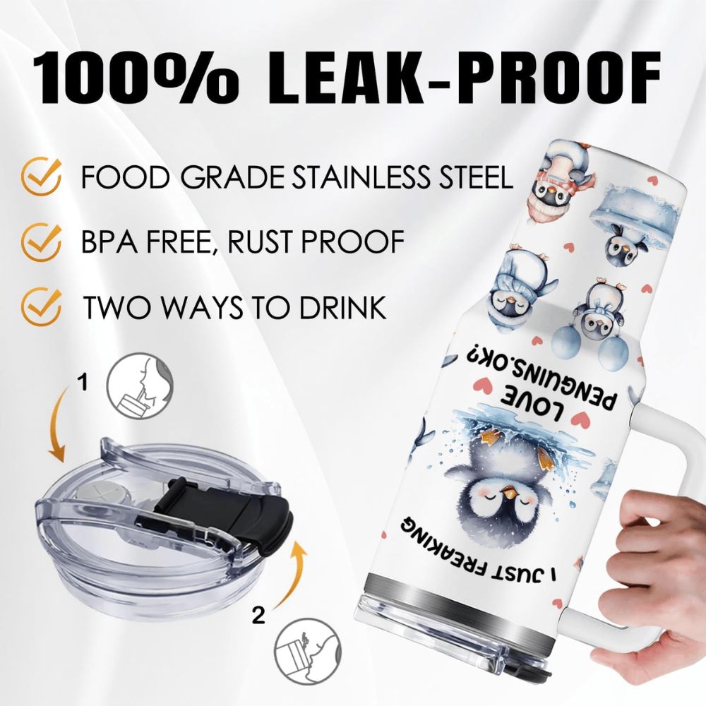 "Just a Girl Who Loves Penguins" 40oz Tumbler with Handle | Penguin Lover Travel Mug