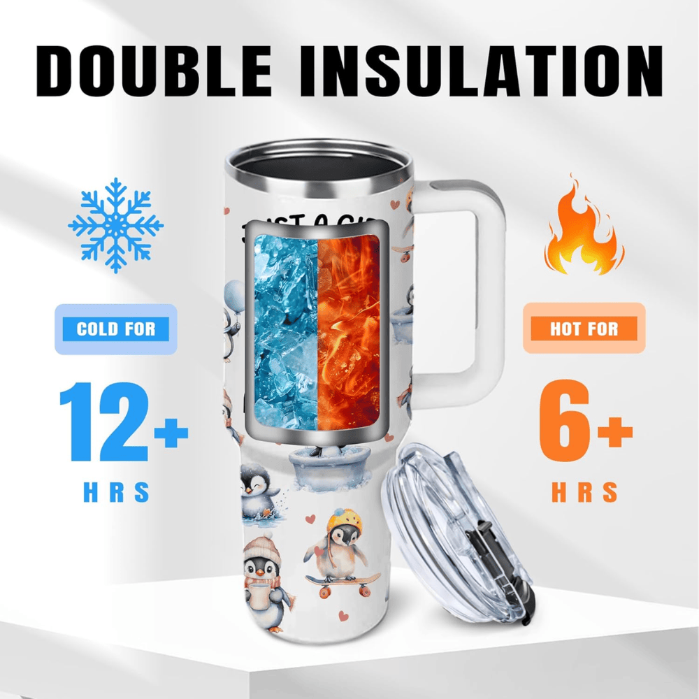 "Just a Girl Who Loves Penguins" 40oz Tumbler with Handle | Penguin Lover Travel Mug