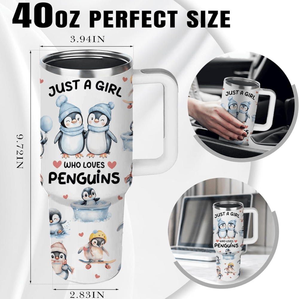 "Just a Girl Who Loves Penguins" 40oz Tumbler with Handle | Penguin Lover Travel Mug