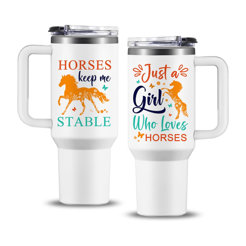 "Horses Keep Me Stable" 40oz Tumbler with Handle | Horse Lover Travel Mug