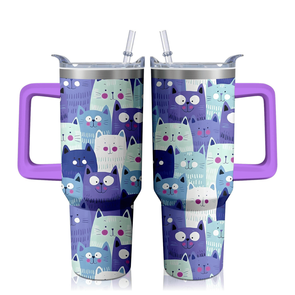 Cute Cat Illustrations 40oz Tumbler with Handle | Cat Lover Travel Mug