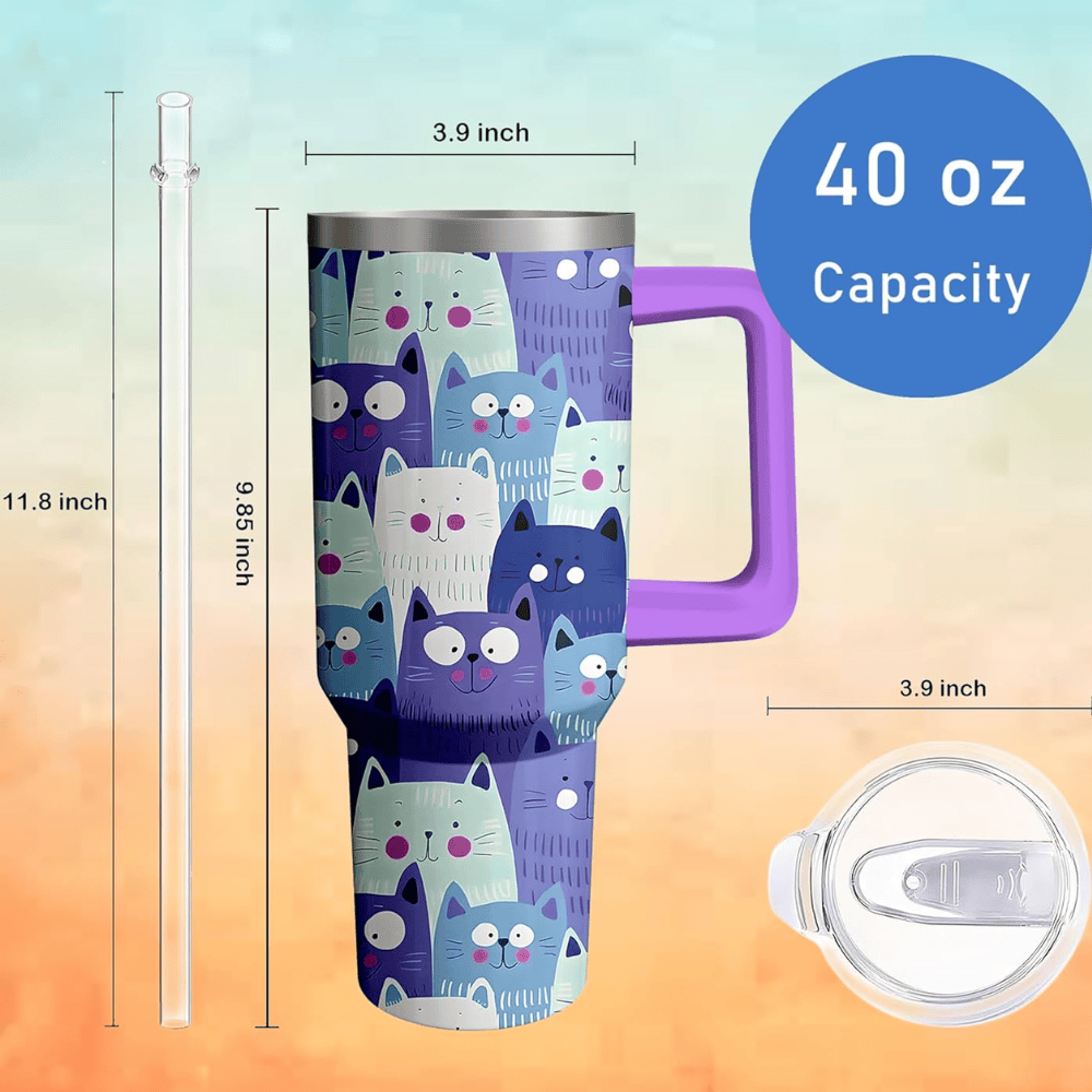 Cute Cat Illustrations 40oz Tumbler with Handle | Cat Lover Travel Mug