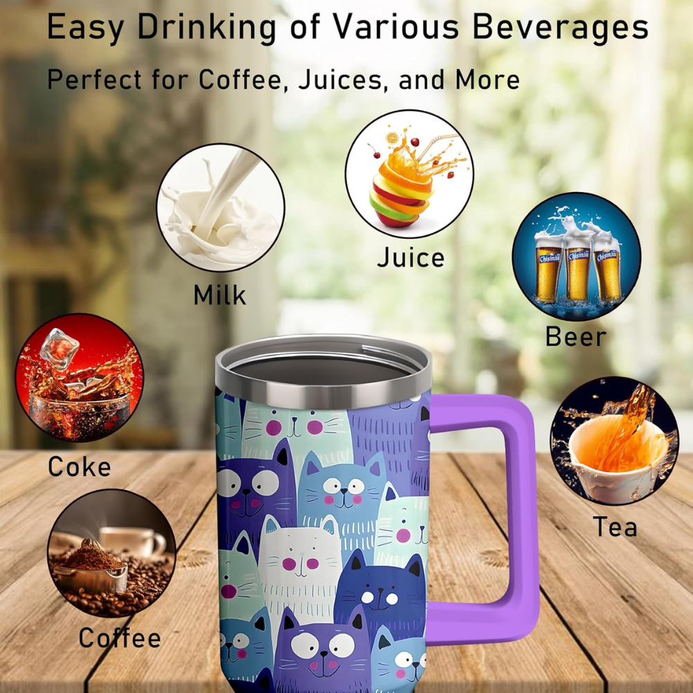 Cute Cat Illustrations 40oz Tumbler with Handle | Cat Lover Travel Mug