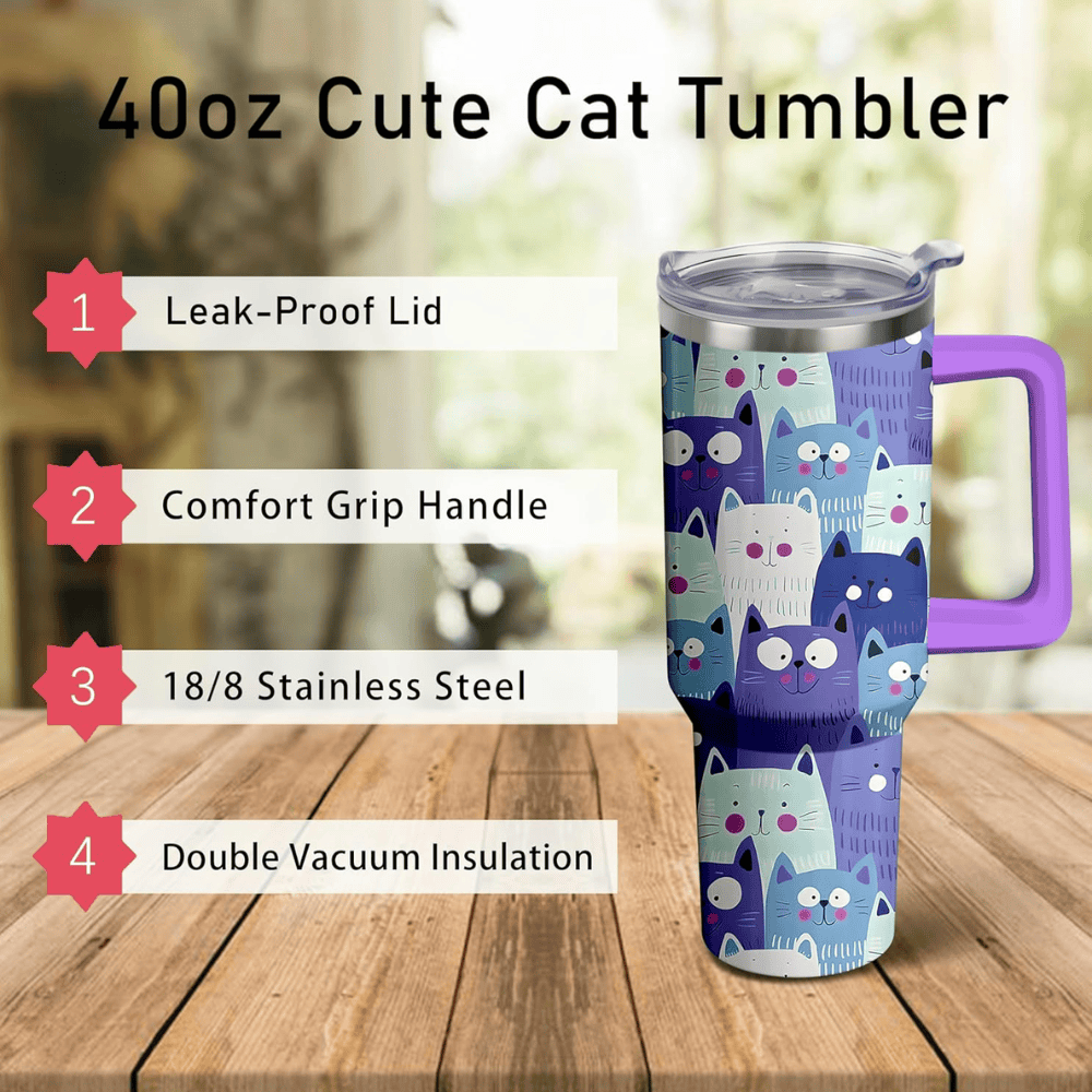 Cute Cat Illustrations 40oz Tumbler with Handle | Cat Lover Travel Mug