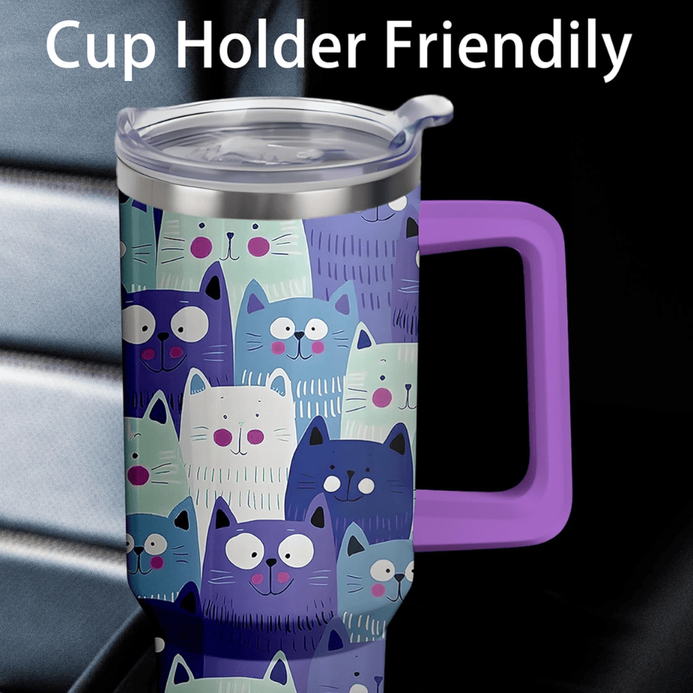 Cute Cat Illustrations 40oz Tumbler with Handle | Cat Lover Travel Mug
