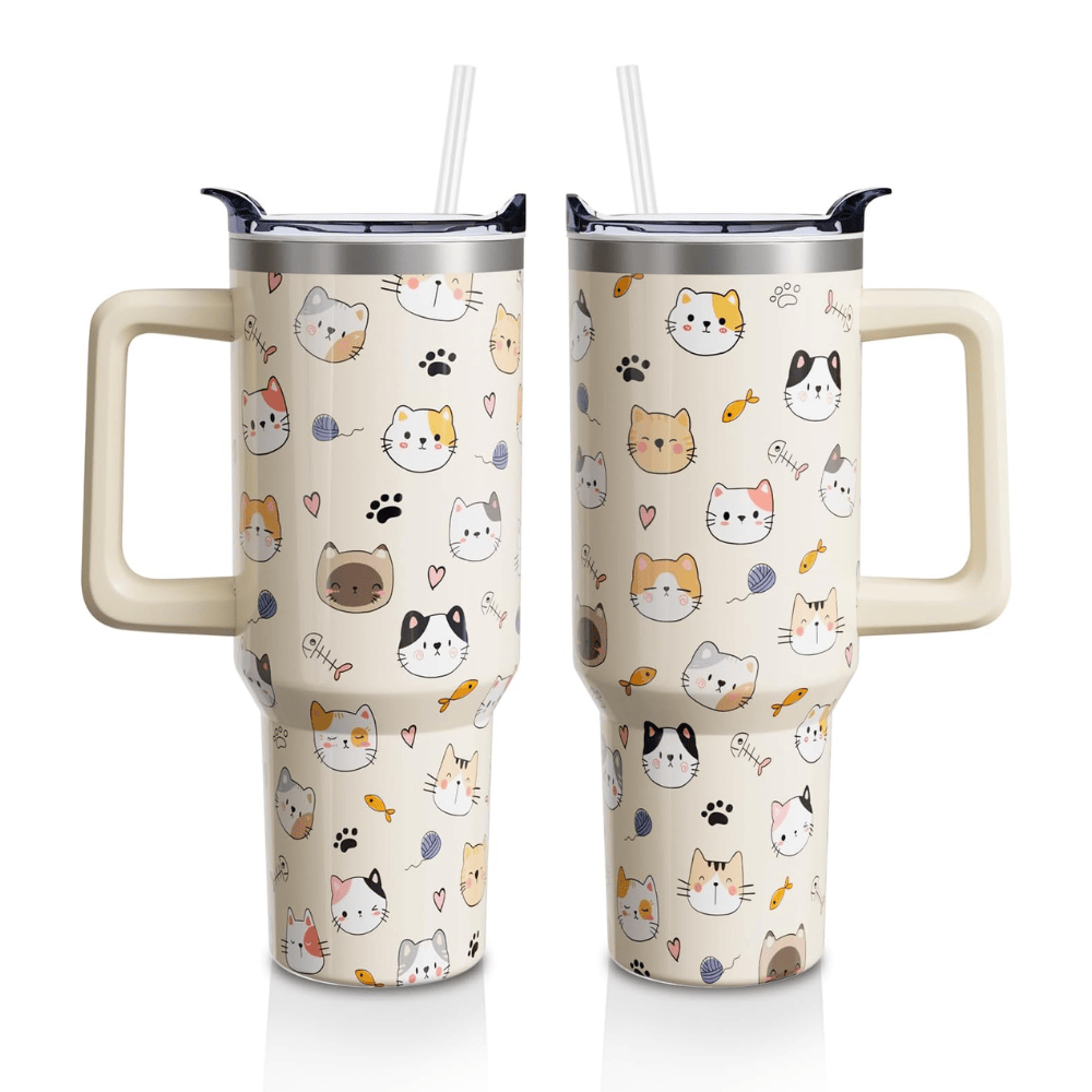Whimsical Cartoon Cat 40oz Tumbler with Handle | Personalized Feline Lover Travel Mug