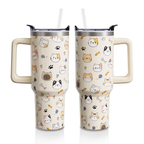 Whimsical Cartoon Cat 40oz Tumbler with Handle | Personalized Feline Lover Travel Mug
