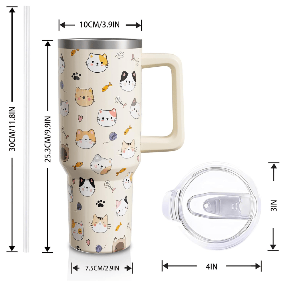 Whimsical Cartoon Cat 40oz Tumbler with Handle | Personalized Feline Lover Travel Mug