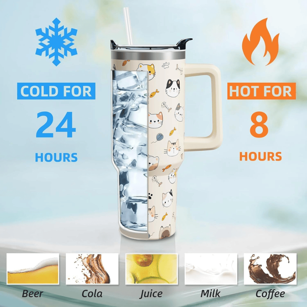 Whimsical Cartoon Cat 40oz Tumbler with Handle | Personalized Feline Lover Travel Mug