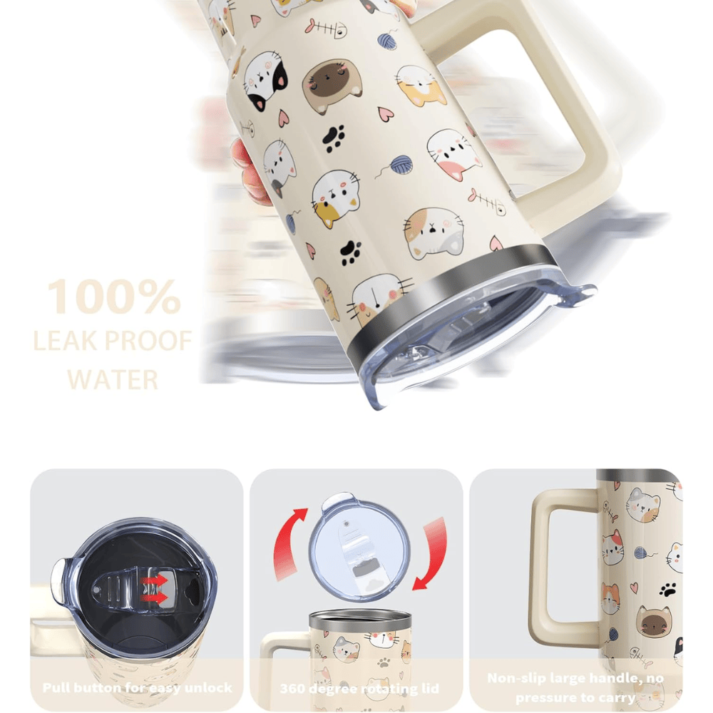 Whimsical Cartoon Cat 40oz Tumbler with Handle | Personalized Feline Lover Travel Mug