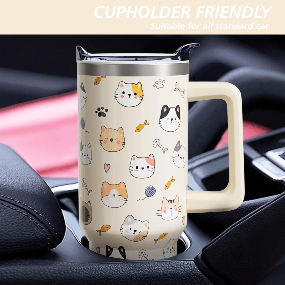 Whimsical Cartoon Cat 40oz Tumbler with Handle | Personalized Feline Lover Travel Mug