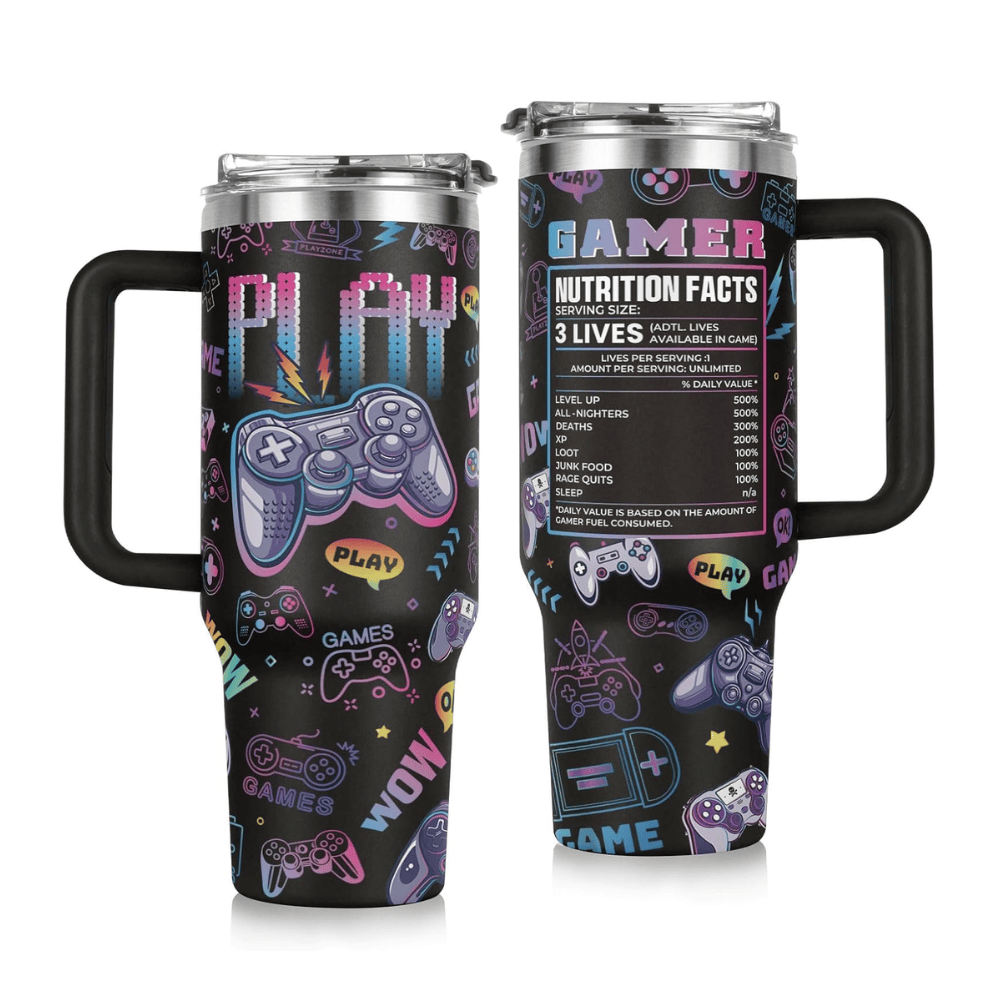 "Gamer Nutrition Facts" 40oz Tumbler with Handle | Retro Arcade Gaming Travel Mug