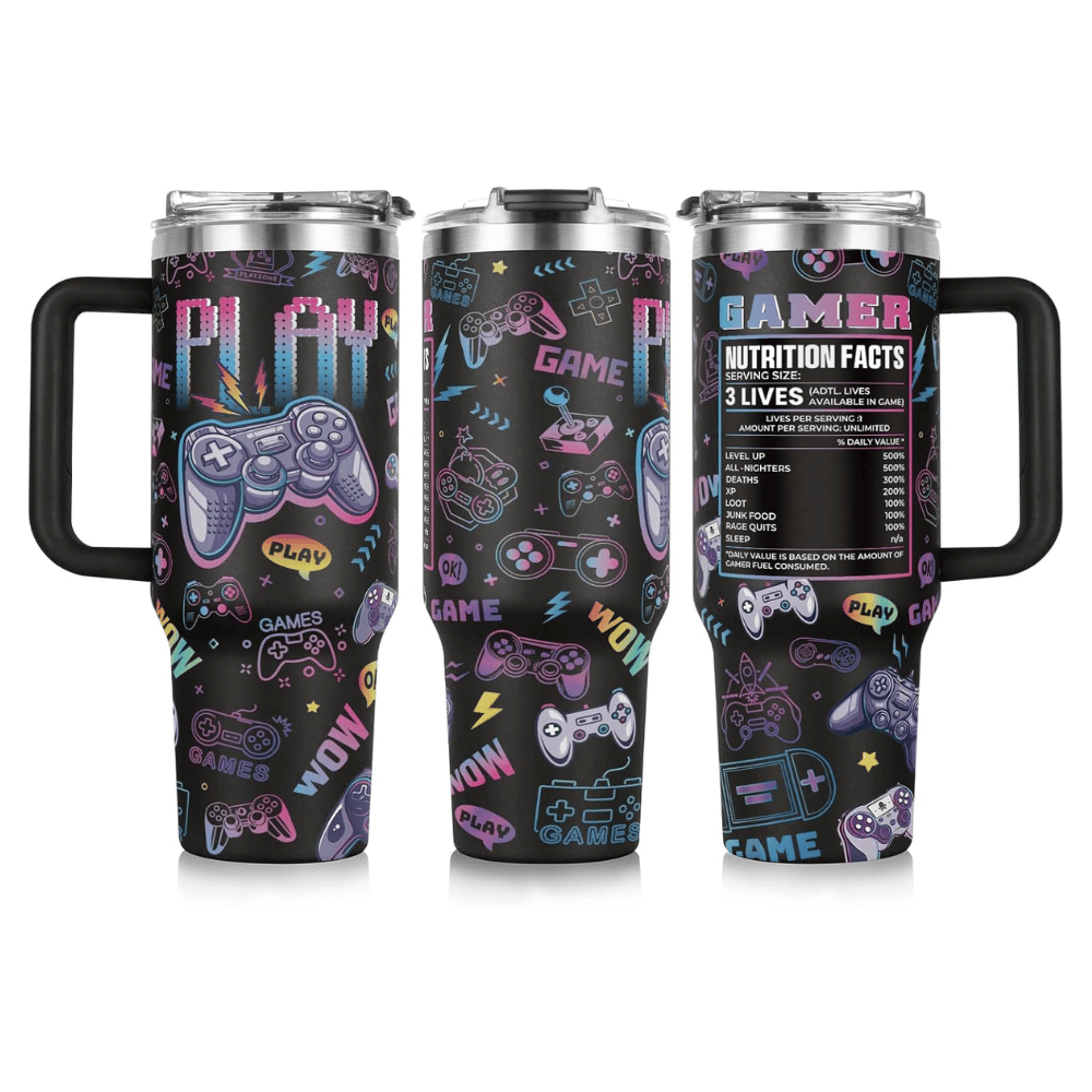 "Gamer Nutrition Facts" 40oz Tumbler with Handle | Retro Arcade Gaming Travel Mug
