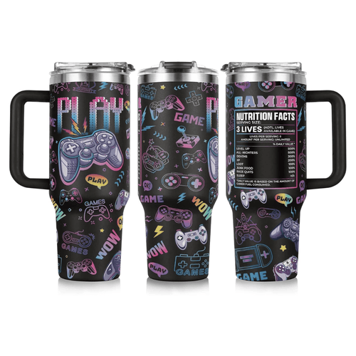 "Gamer Nutrition Facts" 40oz Tumbler with Handle | Retro Arcade Gaming Travel Mug