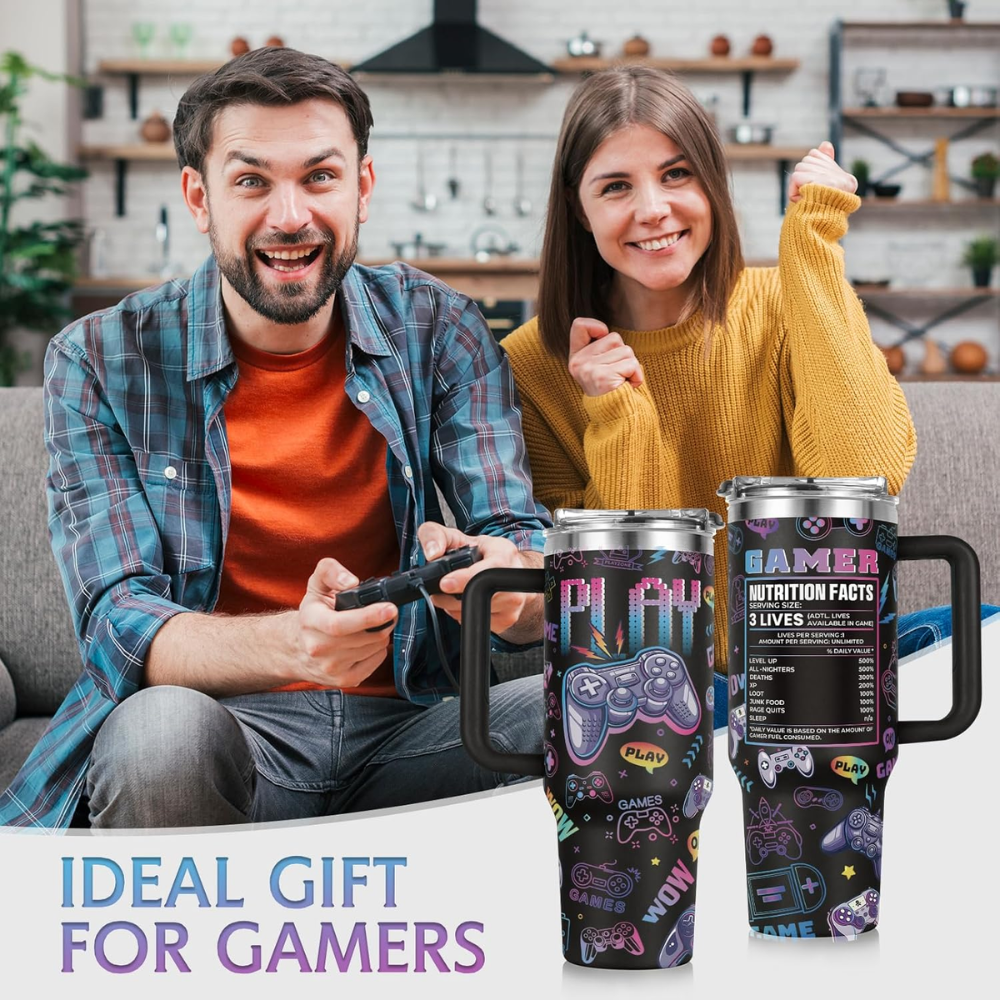 "Gamer Nutrition Facts" 40oz Tumbler with Handle | Retro Arcade Gaming Travel Mug