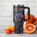 "Gamer Nutrition Facts" 40oz Tumbler with Handle | Retro Arcade Gaming Travel Mug