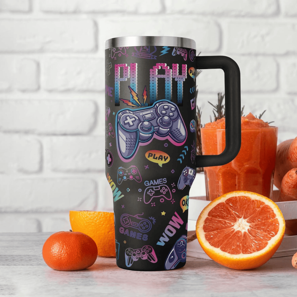 "Gamer Nutrition Facts" 40oz Tumbler with Handle | Retro Arcade Gaming Travel Mug