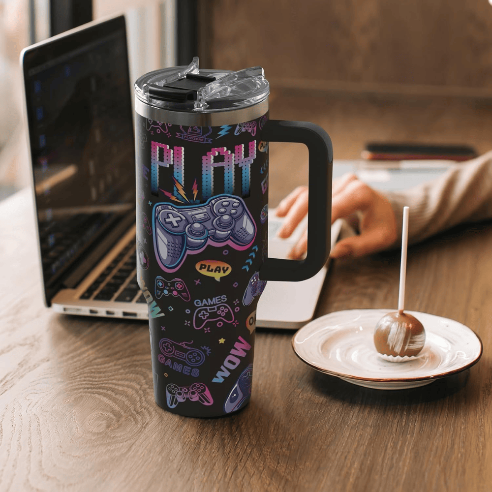 "Gamer Nutrition Facts" 40oz Tumbler with Handle | Retro Arcade Gaming Travel Mug
