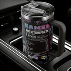 "Gamer Nutrition Facts" 40oz Tumbler with Handle | Retro Arcade Gaming Travel Mug