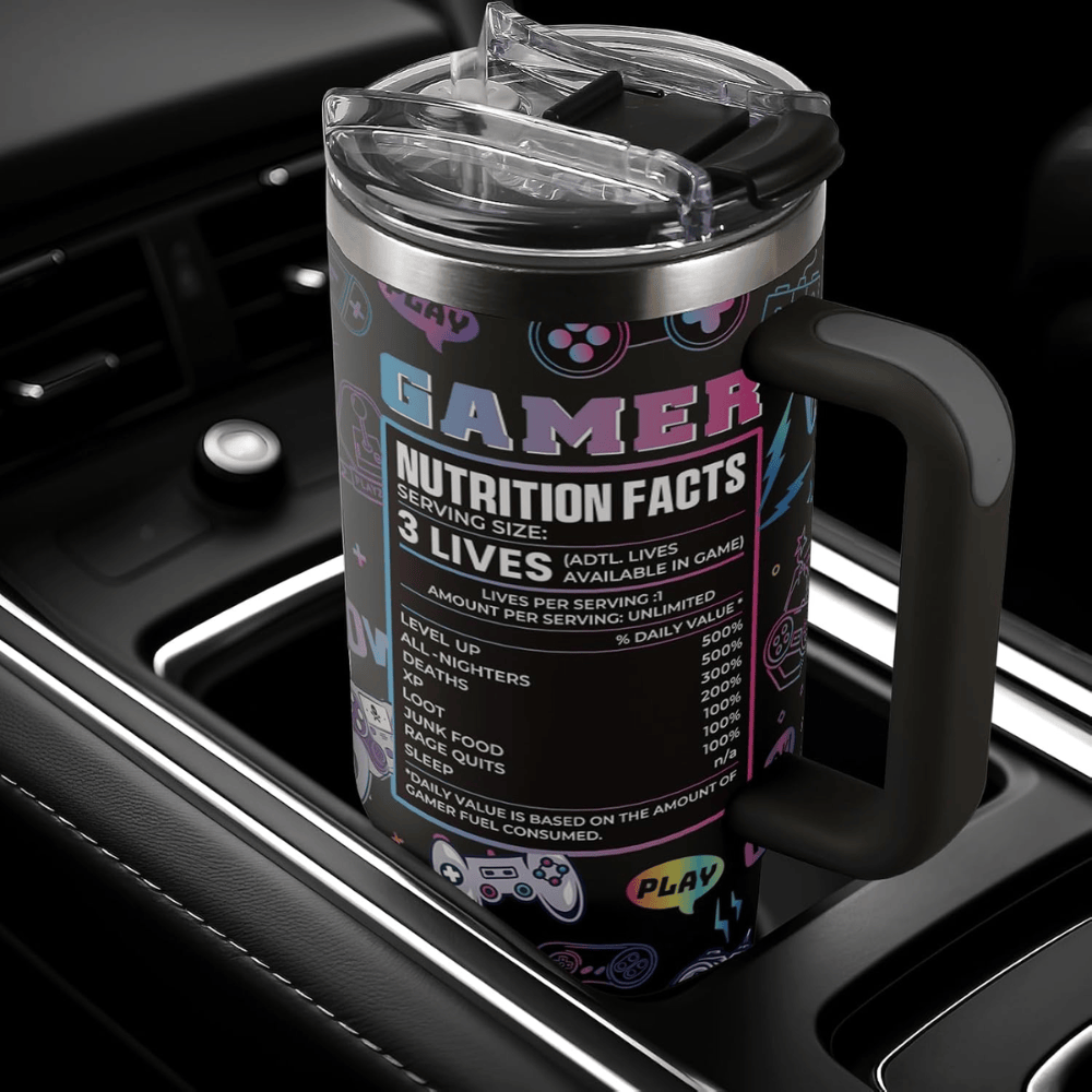 "Gamer Nutrition Facts" 40oz Tumbler with Handle | Retro Arcade Gaming Travel Mug
