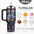 "Gamer Nutrition Facts" 40oz Tumbler with Handle | Retro Arcade Gaming Travel Mug