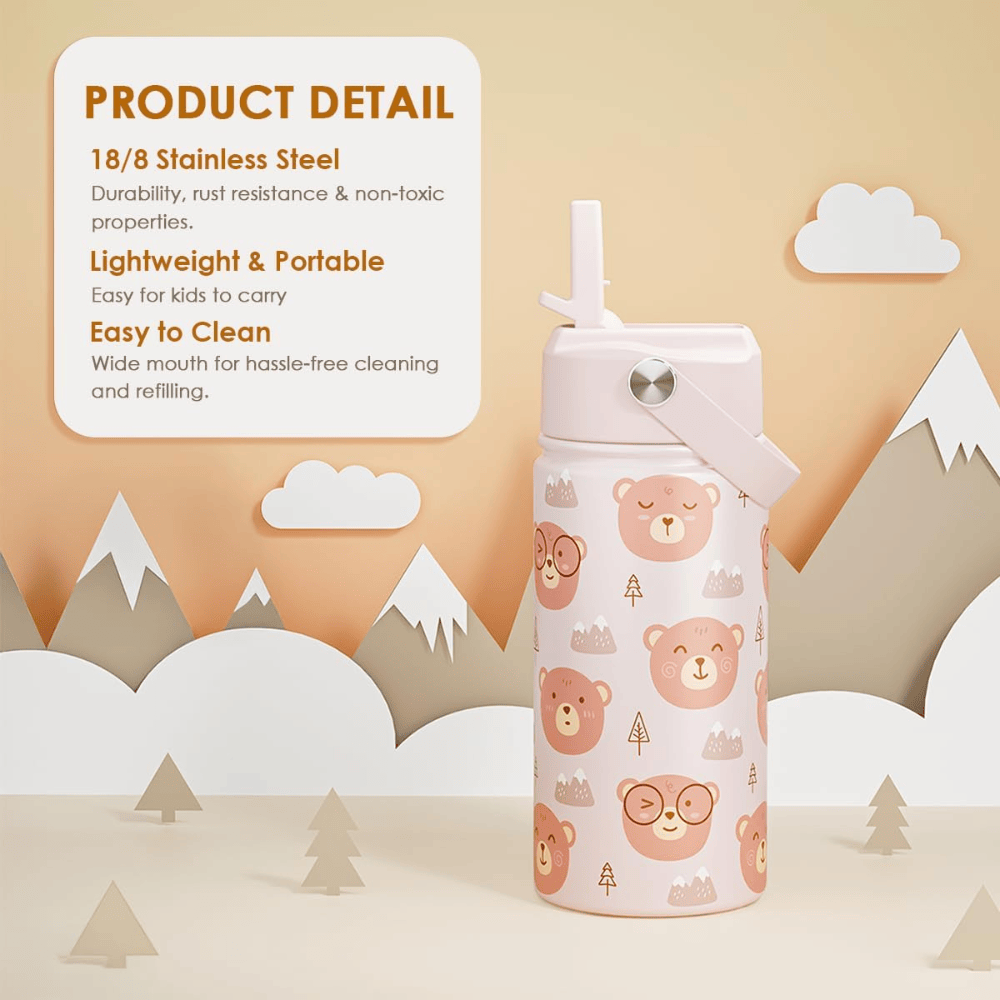 "Cute Bear" 12oz Kids Water Bottle | Insulated Stainless Steel School Tumbler