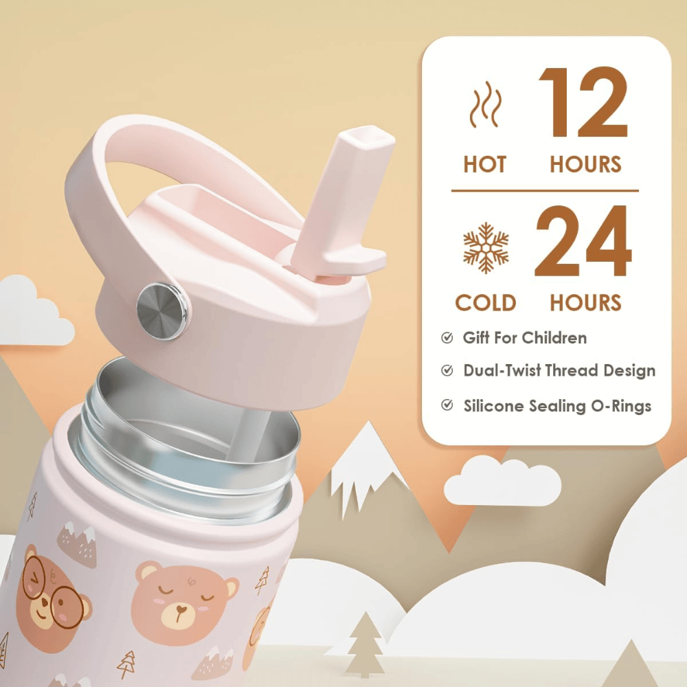 "Cute Bear" 12oz Kids Water Bottle | Insulated Stainless Steel School Tumbler