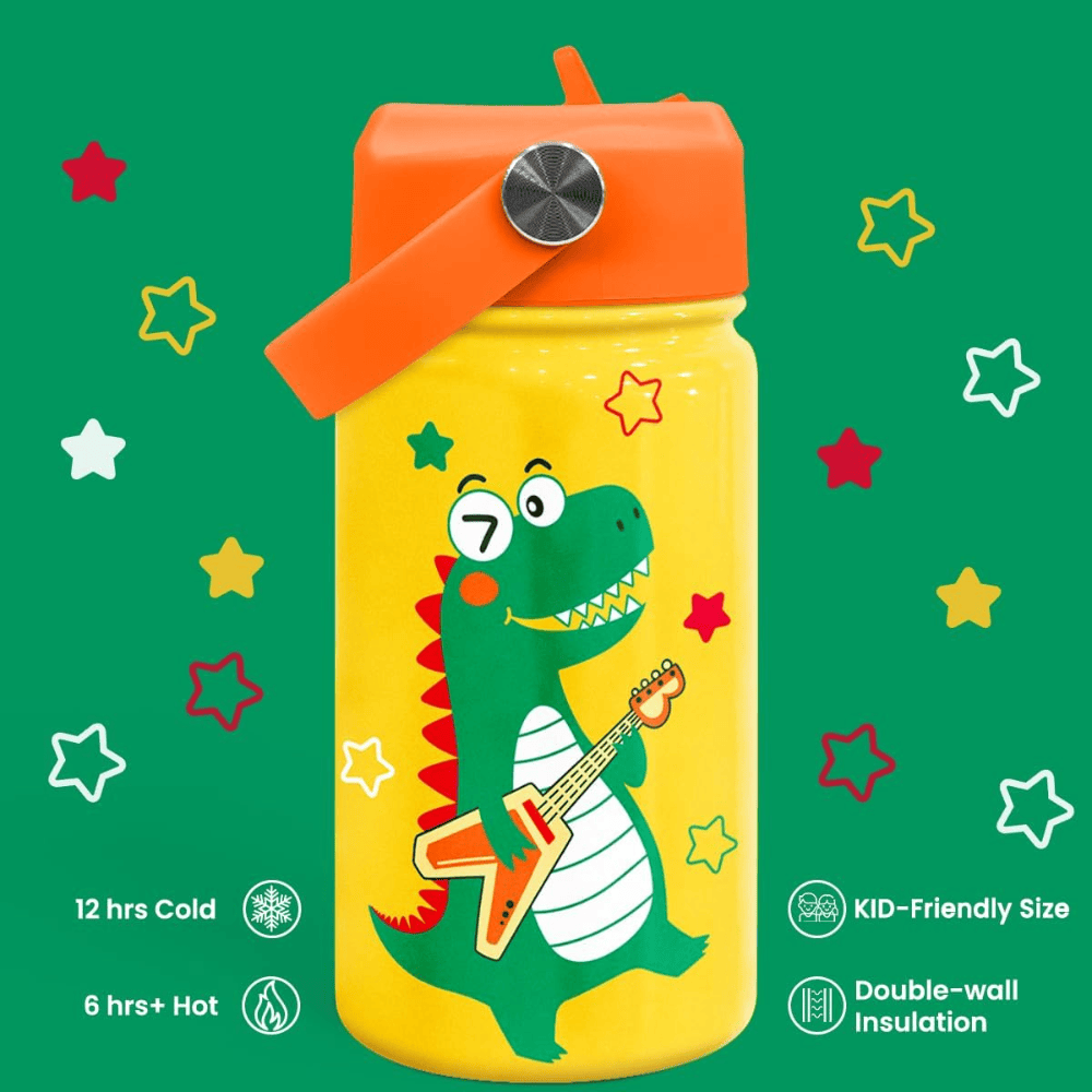 "Dino-Mite" 12oz Kids Water Bottle | Blue Dinosaur School Travel Cup