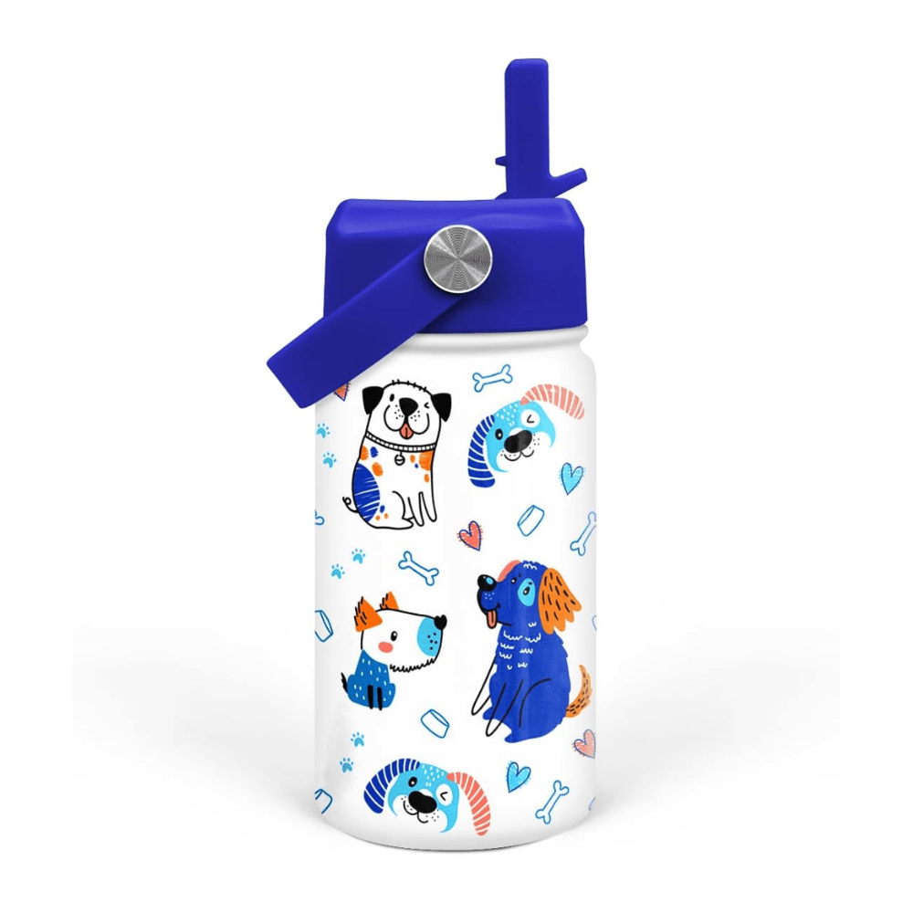 "Happy Pups" 12oz Kids Water Bottle | Dog Lover Insulated Stainless Steel School Cup