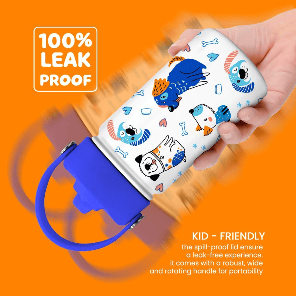 "Happy Pups" 12oz Kids Water Bottle | Dog Lover Insulated Stainless Steel School Cup