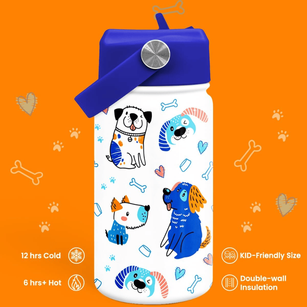 "Happy Pups" 12oz Kids Water Bottle | Dog Lover Insulated Stainless Steel School Cup