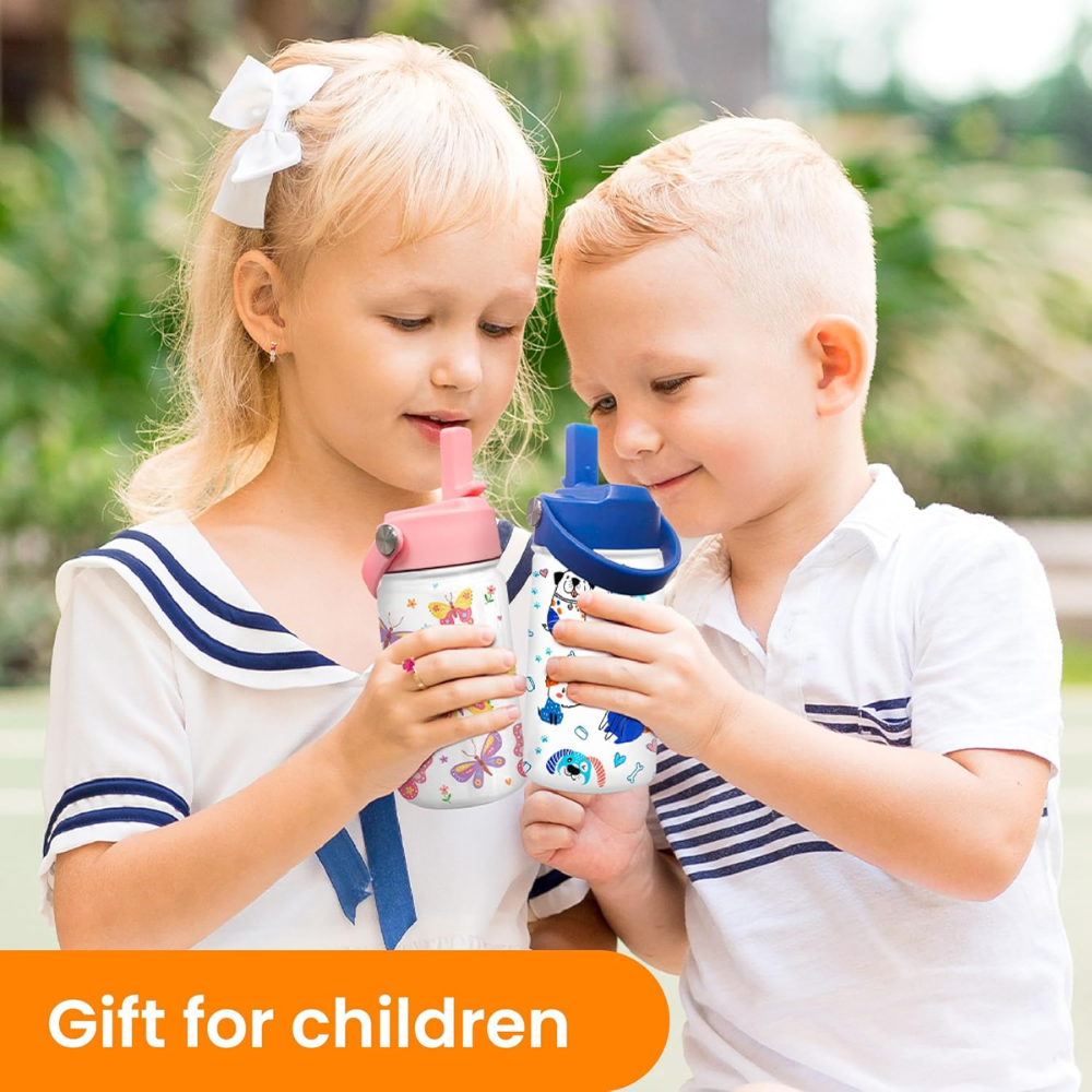 "Happy Pups" 12oz Kids Water Bottle | Dog Lover Insulated Stainless Steel School Cup